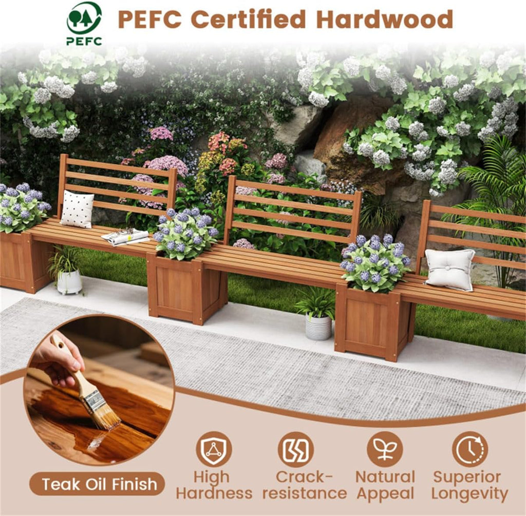 Garden Bench with Planter Boxes - Hardwood Build (Wear-Resistant), Displays Faux Trees/Potted Plants, Enhances Outdoor Aesthetic