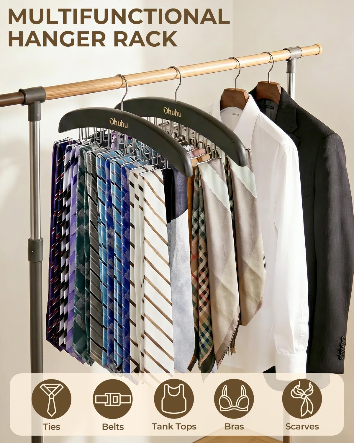 Ohuhu 24-Hook Wooden Tie Rack Organizer - Space Saving Closet Hanger with 360° Rotating Hooks, Anti-Slip Clips for Ties, Belts, Scarves - Premium Hardwood & Rustproof Steel Construction-Black