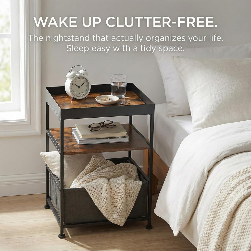 Industrial Narrow Side Table with Storage, 3 Tier End Table with Fabric Bin & Tray Top for Living Room, Narrow Nightstand Slim Bedside Table for Bedroom, Small Spaces, Rustic Brown