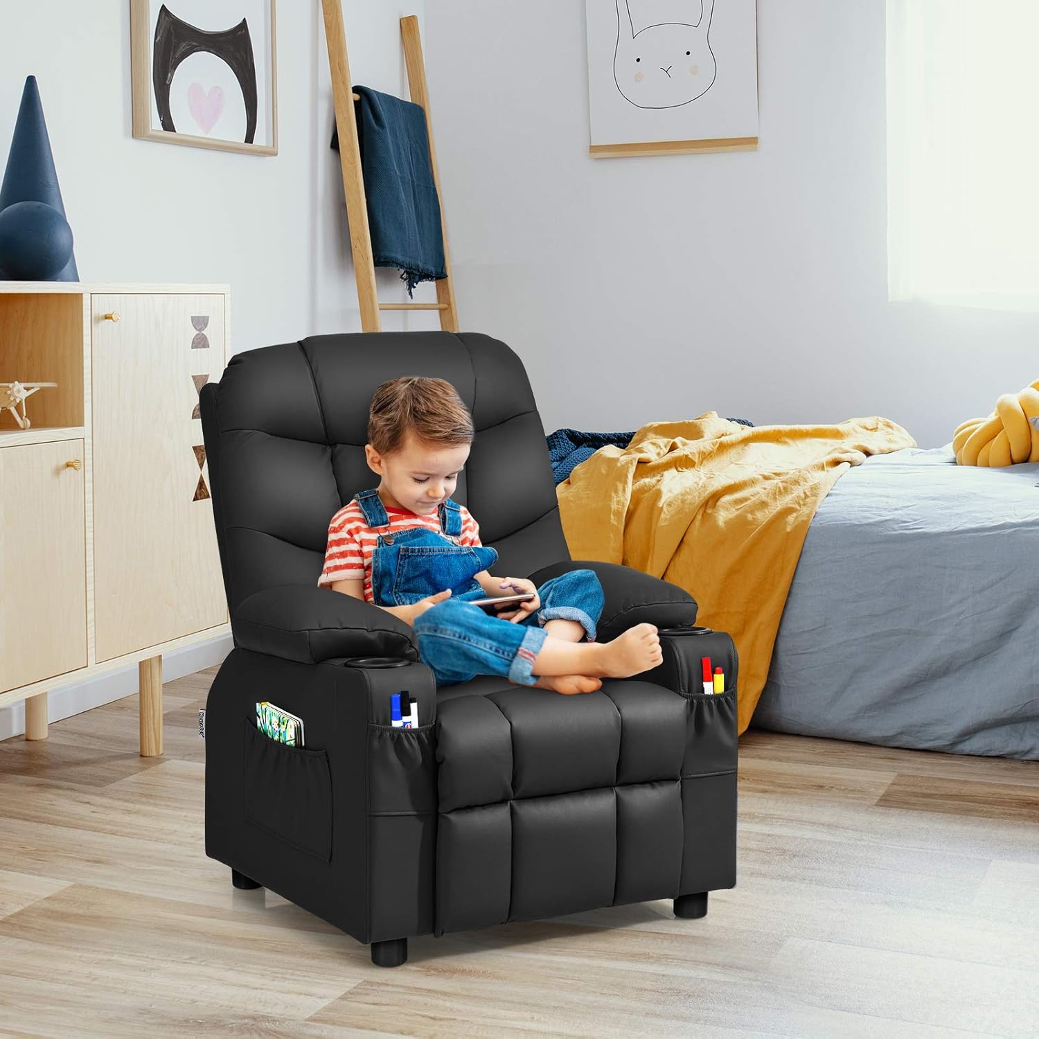 MAT EXPERT Kids Recliner, Leather Adjustable Reading Gaming Chair w/ 2 Cup Holder, 3 Side Pocket Storage & Footrest, Kids Couch Toddler Lounge Chair for Boys Girls, Kids Room Playroom Nursery (Black)