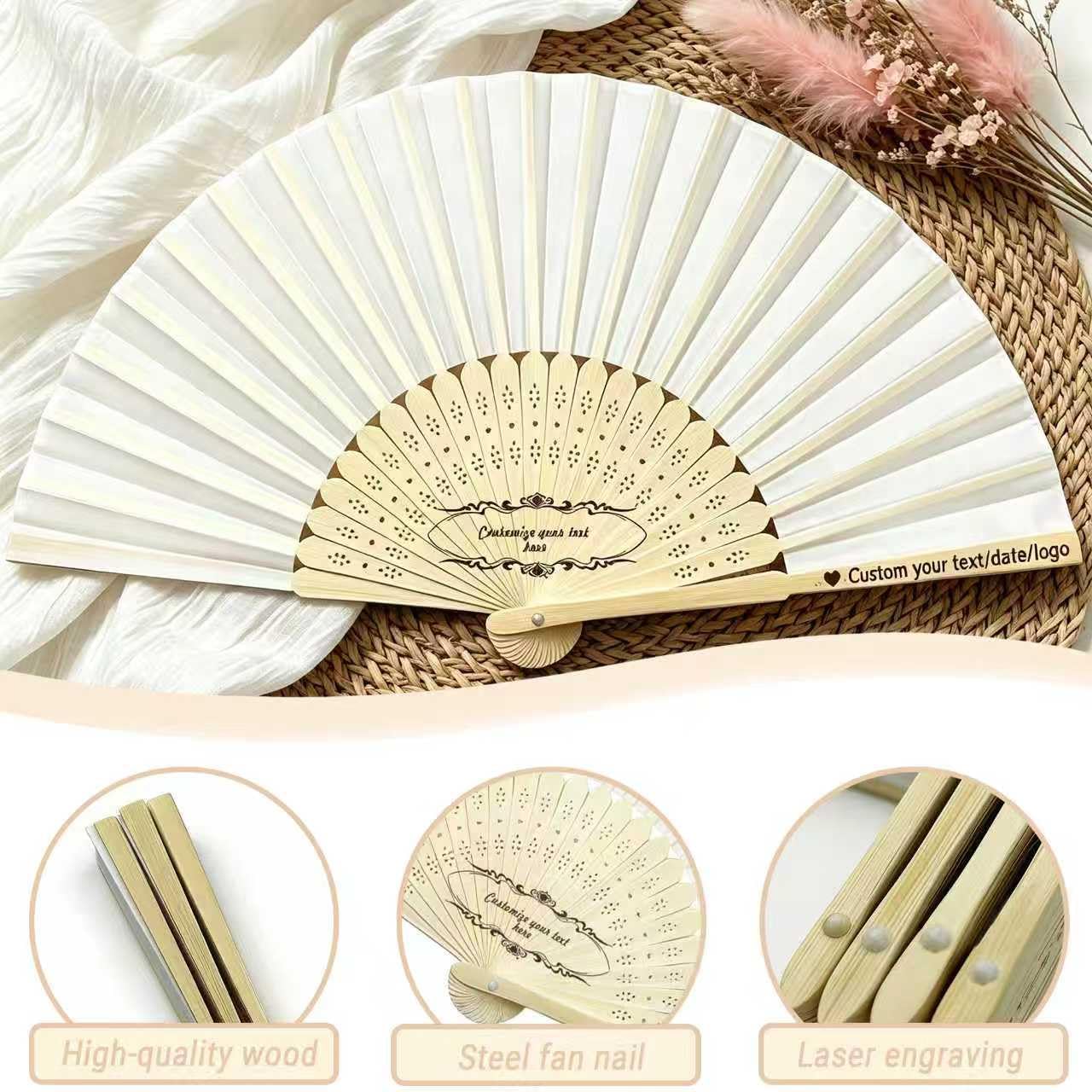 Custom Wedding Fans Bulk for Guests – Personalized Folding White Hand Fans for Women, Wooden Handheld Fans for Weddings, Party Favors & DIY Program Fans (50 Pieces)