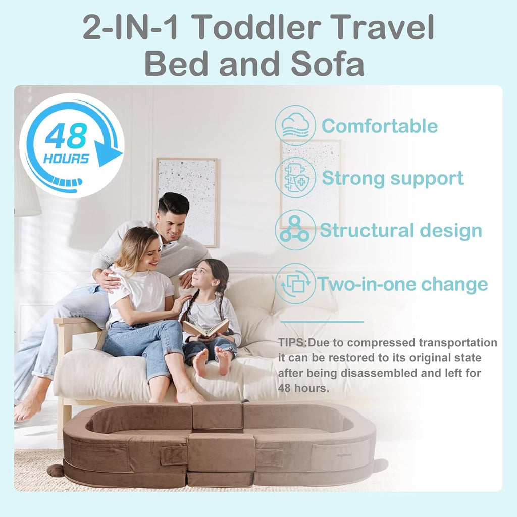 Toddler Travel Bed,Toddler Play Mat,Foldable&Portable Kids Floor Sofa with Removable Pillow,28D High-Density Sponge,Bear-Shaped 2-in-1 Activity Center for Reading, Playing,Little Sofa at Home