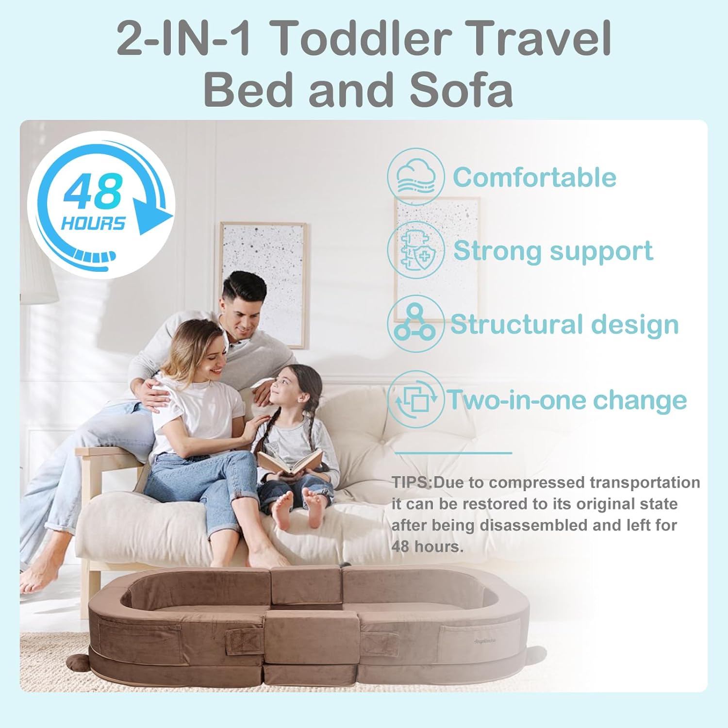 Toddler Travel Bed,Toddler Play Mat,Foldable&Portable Kids Floor Sofa with Removable Pillow,28D High-Density Sponge,Bear-Shaped 2-in-1 Activity Center for Reading, Playing,Little Sofa at Home