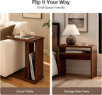 2-in-1 C-Shaped End Table & Side Table, Solid Rubberwood Side Table with Storage Shelf, Small End Table for Sofa Couch, Mid-Century Narrow Nightstand for Living Room Bedroom & Small Spaces