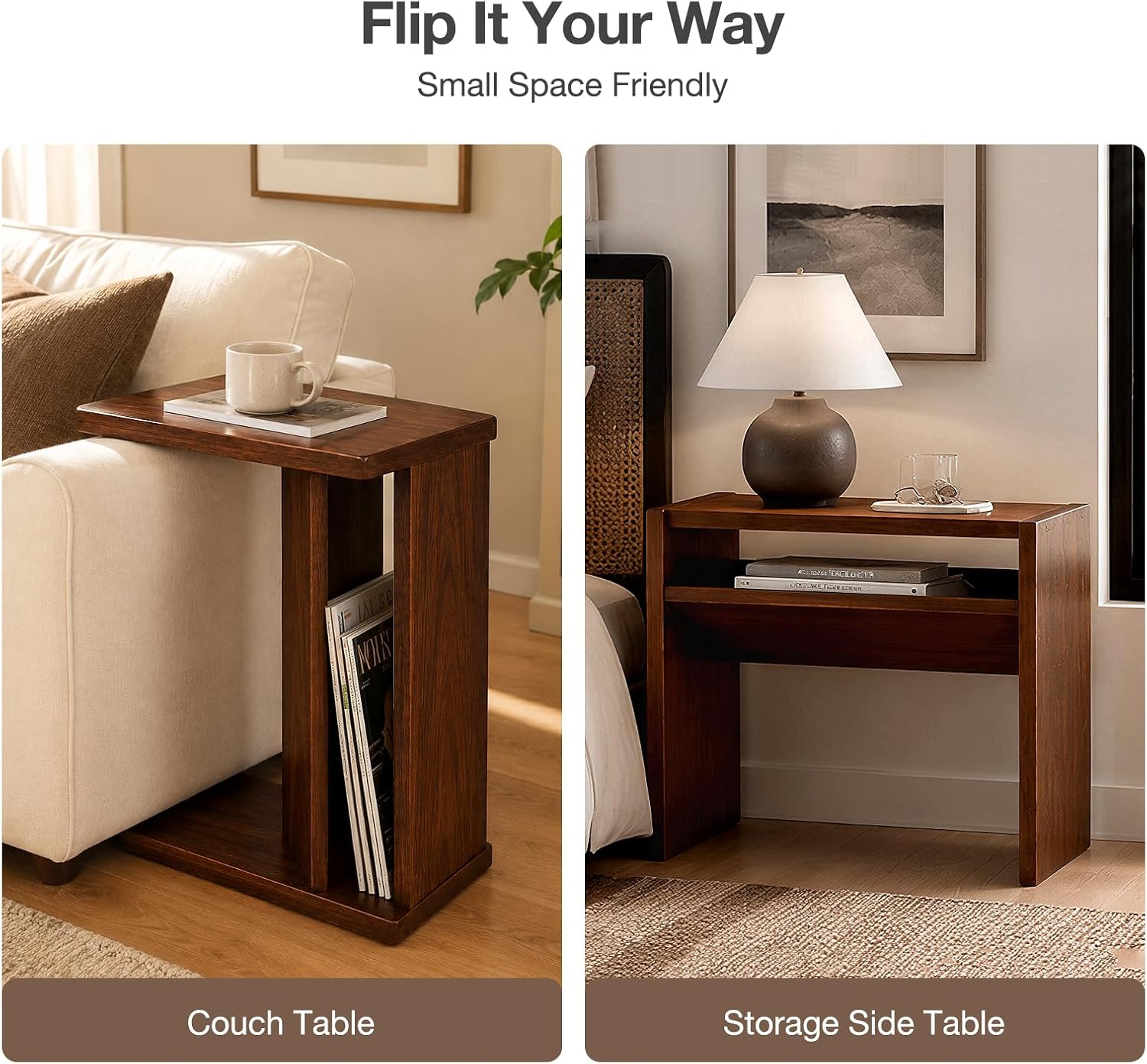 2-in-1 C-Shaped End Table & Side Table, Solid Rubberwood Side Table with Storage Shelf, Small End Table for Sofa Couch, Mid-Century Narrow Nightstand for Living Room Bedroom & Small Spaces