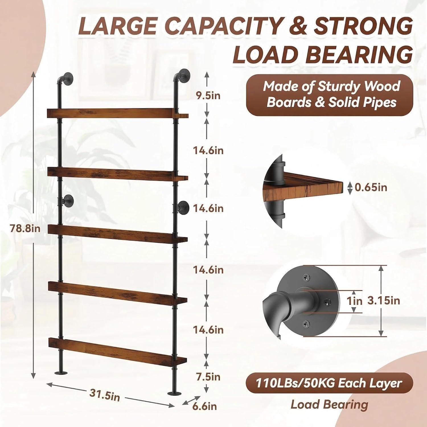 TONGMO 5-Tier Wall Mounted Wine Rack, Industrial Pipe Floating Bar Shelves, Liquor Bottle Display Shelf Holds 40+ Bottles, Space-Saving Storage for Home Bar Kitchen Dining Room, 31.5” W x 79” H