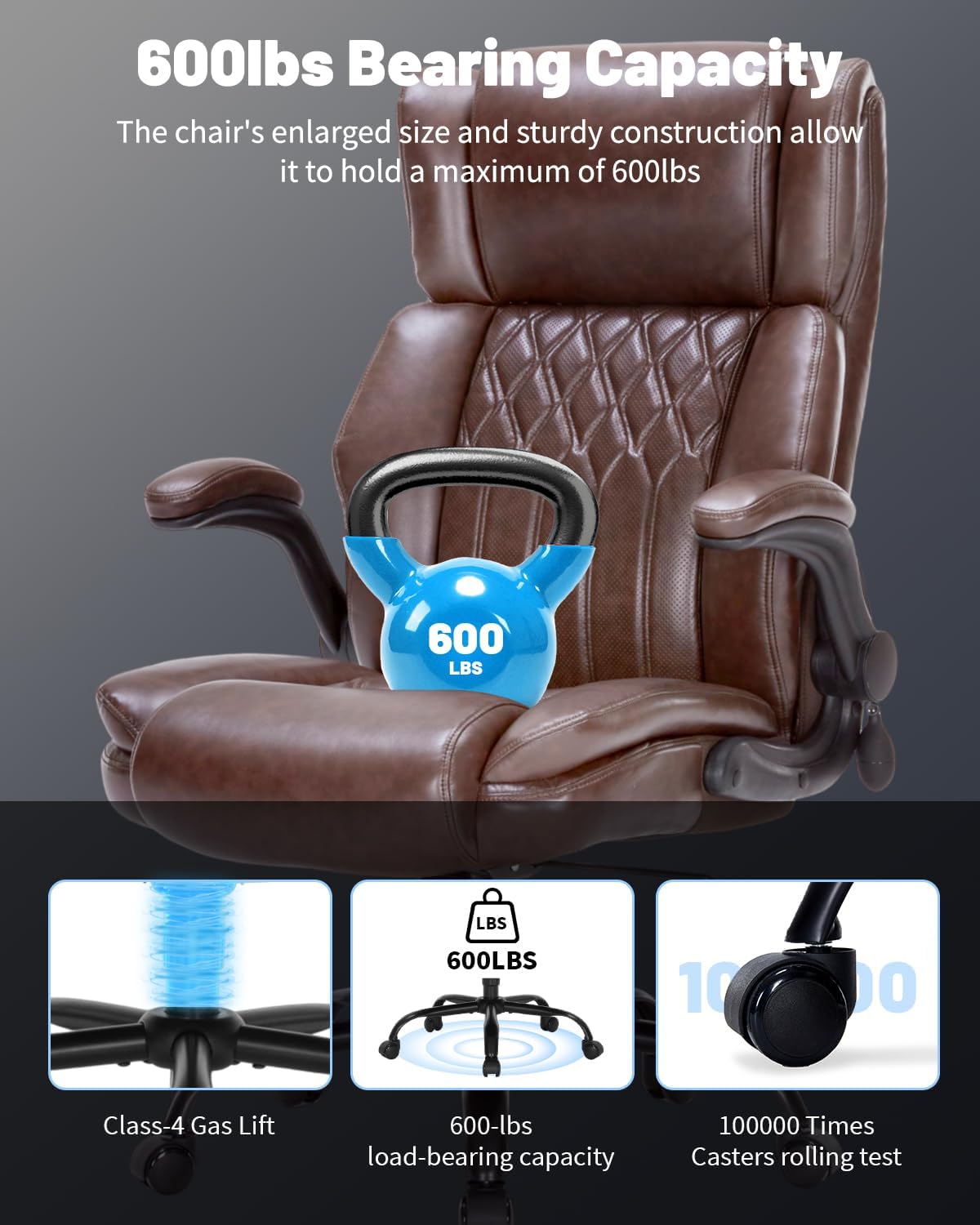 600LBS Large Heavy Duty Office Chair, Big and Tall Office Chair for Heavy People, Executive Desk Chair with Lumbar Support, Computer Desk Chairs with Flip Up Arm