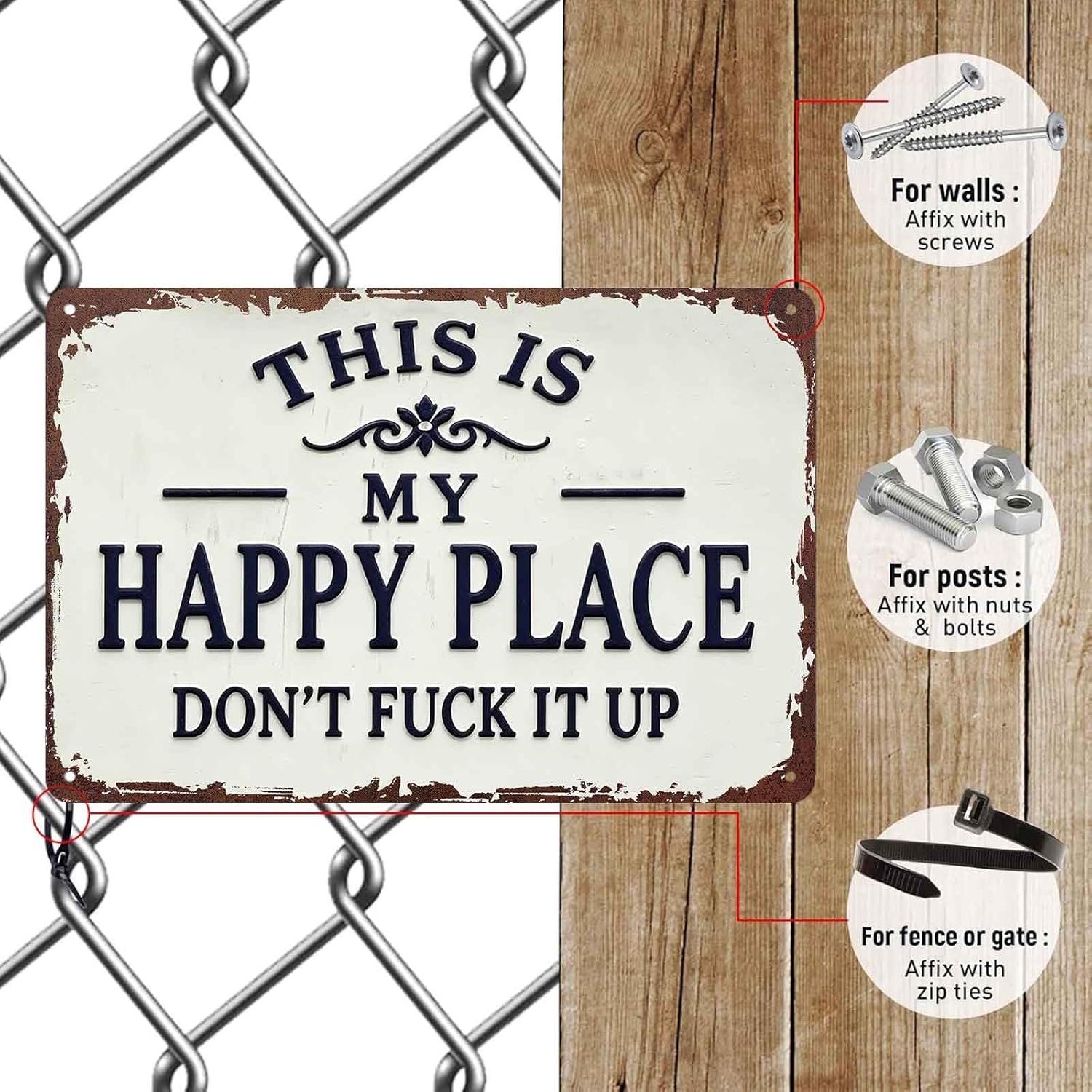 This Is My Happy Place Don't Fuck It Up Metal Sign, 8x12 Inch Aluminum Wall Art, Funny Rustic Style for Man Cave, Garage, Bedroom