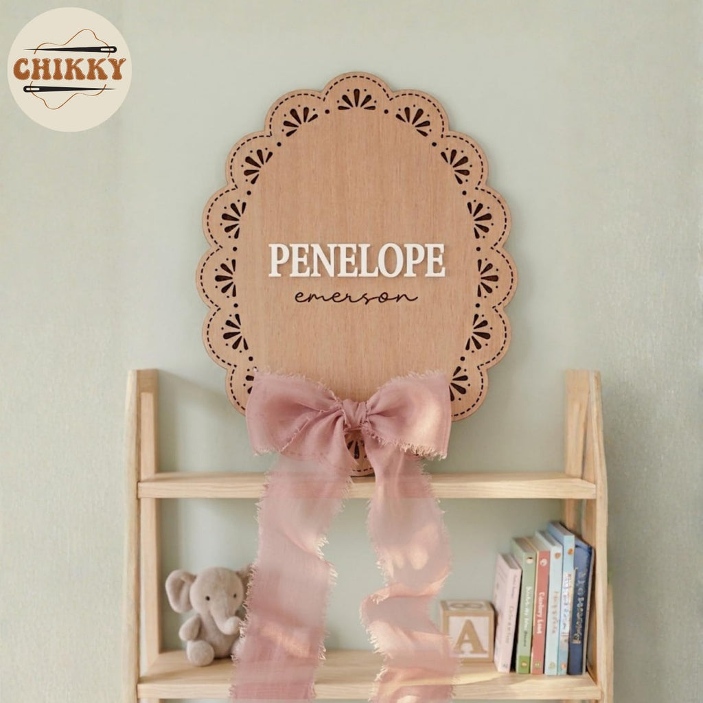 Personalized Wooden Baby Announcement Sign with Chiffon Bow - Custom Birth Stats Name Plate for Newborn Hospital Photo Prop - Nursery Wall Decor & Keepsake - 5, 6, 8, 10 Inch (05 - scalloped lace)