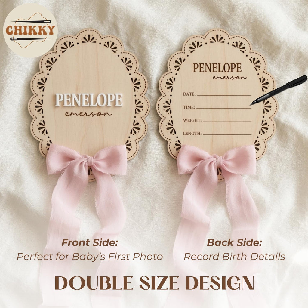 Personalized Wooden Baby Announcement Sign with Chiffon Bow - Custom Birth Stats Name Plate for Newborn Hospital Photo Prop - Nursery Wall Decor & Keepsake - 5, 6, 8, 10 Inch (05 - scalloped lace)