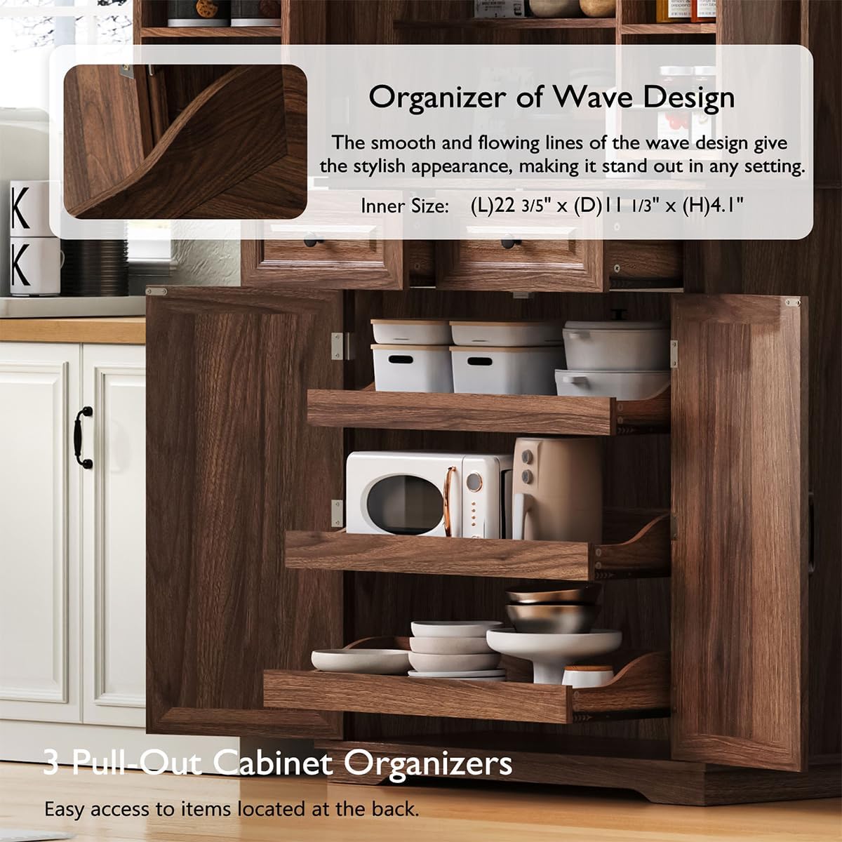 71" Tall Kitchen Pantry Cabinet, Freestanding Cupboard with 3 Pull Out Cabinet Organizers, 6 Door Shelves, 2 Drawers (Brown)