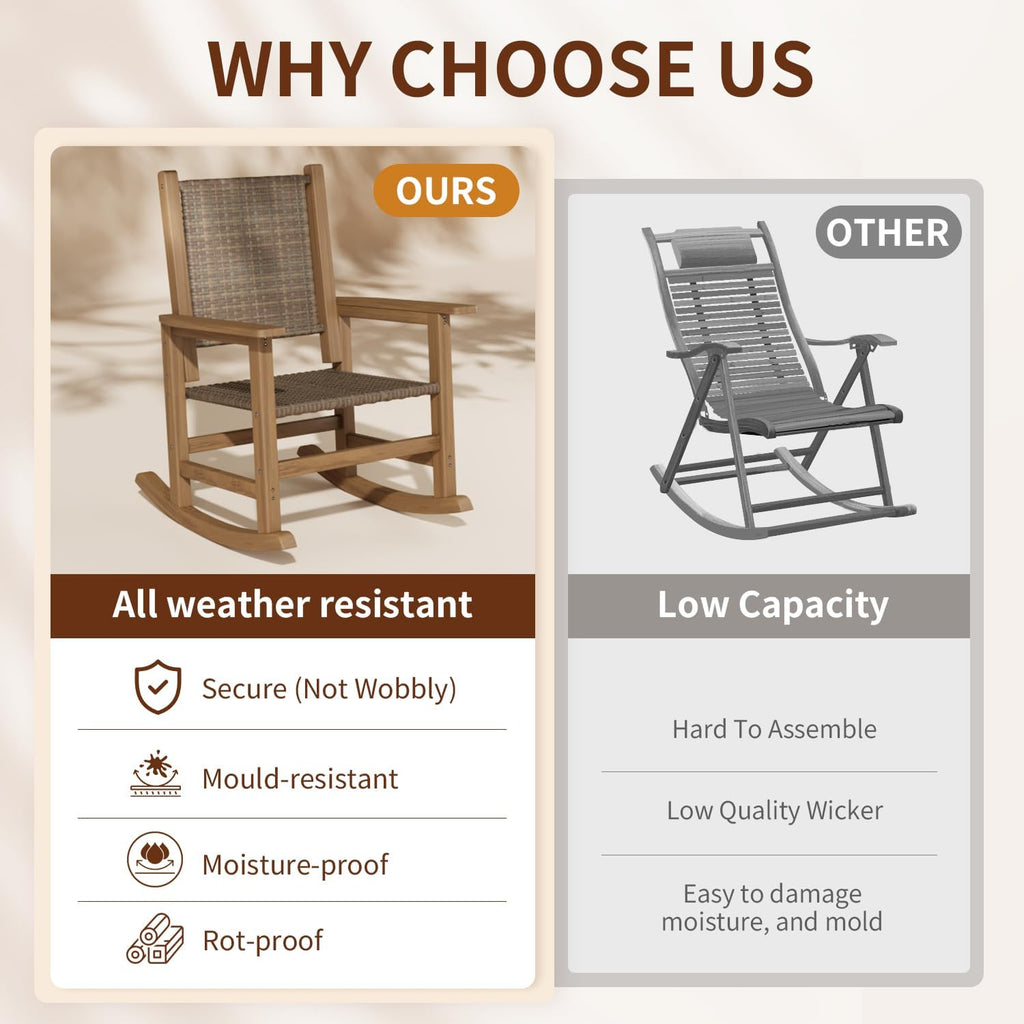 HDPE Rocking Chair Outdoor 1 PCS, Wicker Rocking Chair for Patio, Woven Seat & Back, All Weather Rocking Chair for Front Porch, Garden, Lawn and Balcony (Brown)