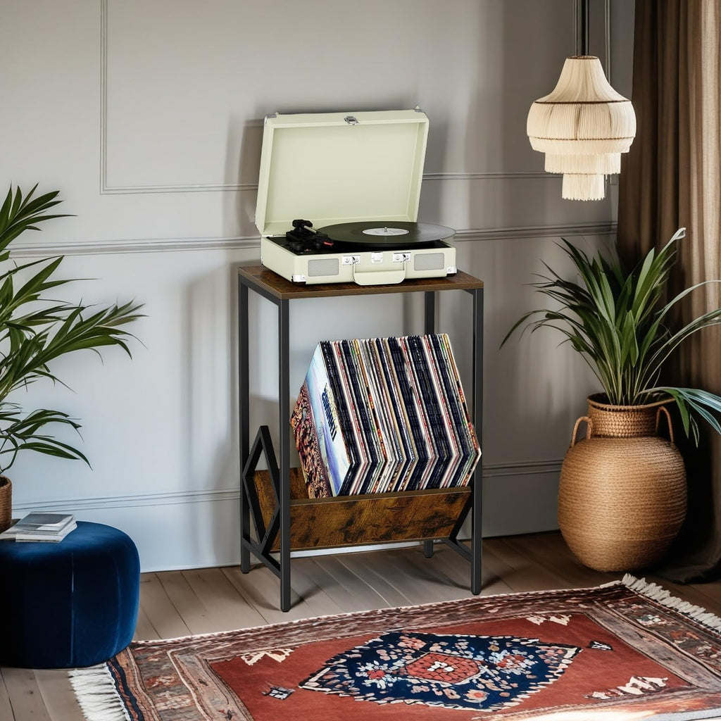 2 Tier End Table, Side Table, Record Player Stand with Storage Up to 100 Albums, Vinyl Record Storage, Turntable Stand for Vinyl, Brown Records Player Table for Living Room Bedroom
