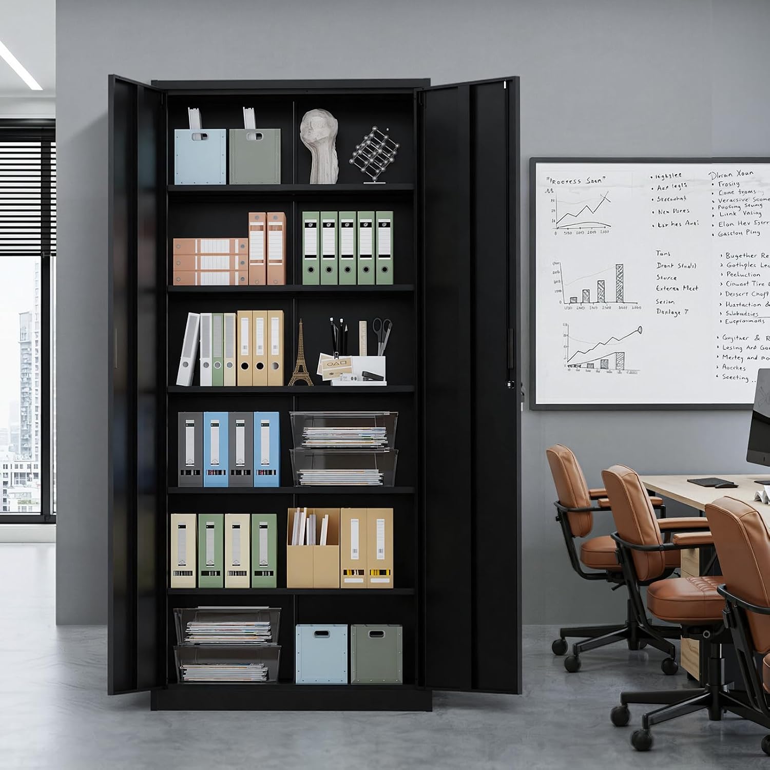 VINGLI Metal Garage Storage Cabinet with 2 Doors and 5 Adjustable Shelves, 71" Tall Steel Lockable File Cabinet, Locking Tool Cabinets for Home Office Garage Gym School (Black)