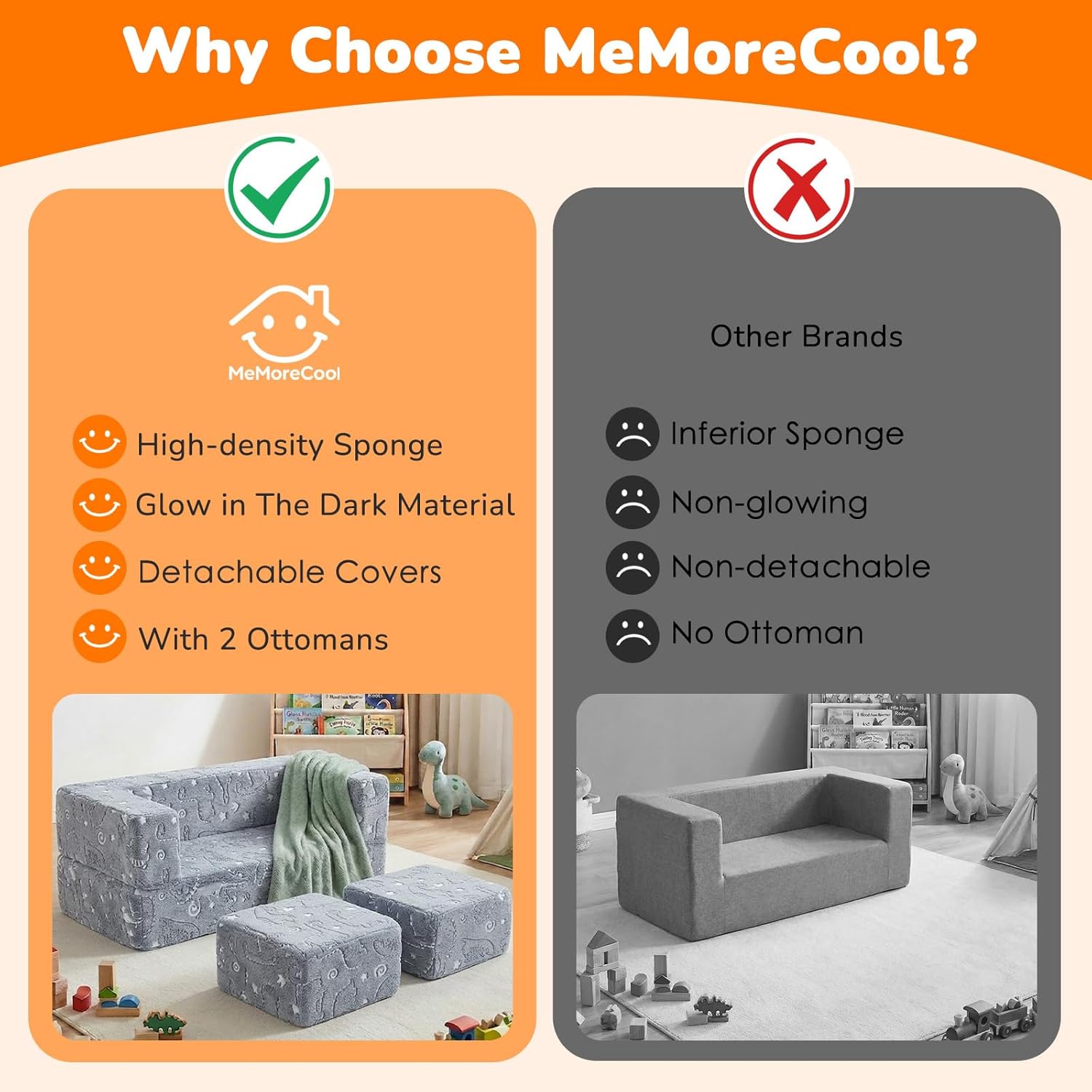 MeMoreCool Dinosaur Glow Foam Kids Play Couch Set, Gray Modular Sofa & Lounger – Glow-After-Light Dinosaur Pattern, Machine-Washable Cover
