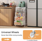4-Tier Kitchen Storage Cart - Fruit Vegetable Storage Cart with Drawers, Wooden Top Metal Wire Kitchen Organizer and Storage Cart with Wheels to Storage Onions Potatoes Cans Snacks for Kitchen