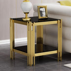 Modern Square End Table Black Glass Sofa Side Table with Gold Stainless Steel Base, Luxury 2-Tier Small Accent Tables with Glass Top & Lower Shelf for Living Room Apartment