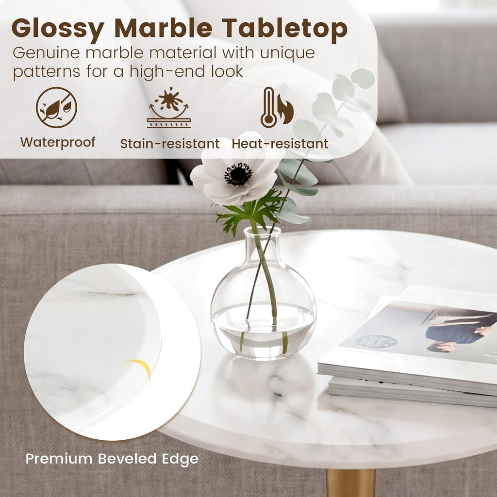 Giantex Round Marble Side Table, Modern Sofa Couch End Table w/Stone Finish & Wooden Pedestal, Coffee Drink Tables, Accent Bedside Night Stand for Bedroom Living Room Small Spaces (White & Gold,1)