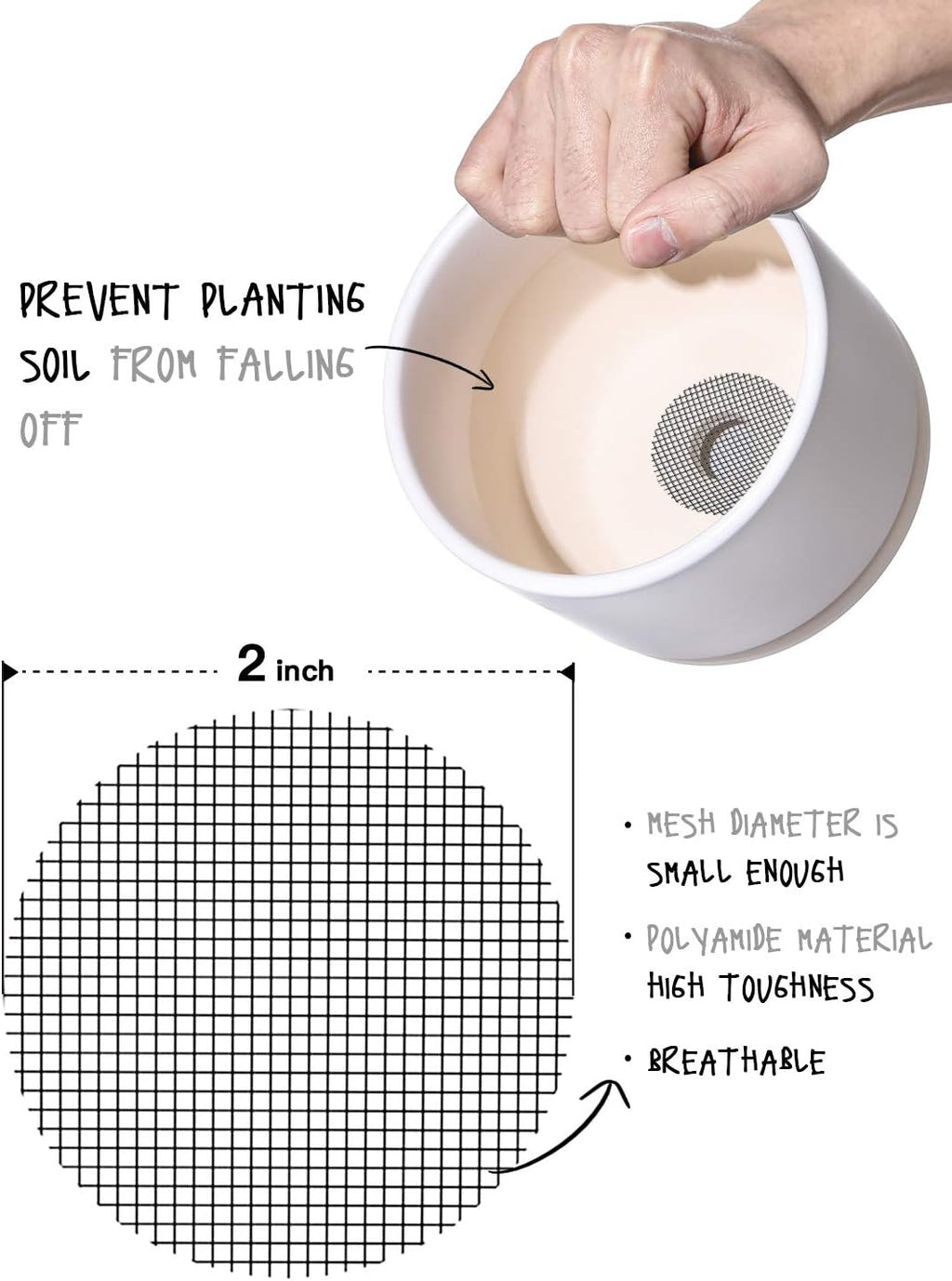 LE TAUCI Plant Pot Hole Mesh Pads, 2-Inch Round Flower Pot Drainage Covers, Prevent Soil Loss, Durable Reusable, Bonsai Bottom Grid Mat, Gardening Essentials, 50-Pack