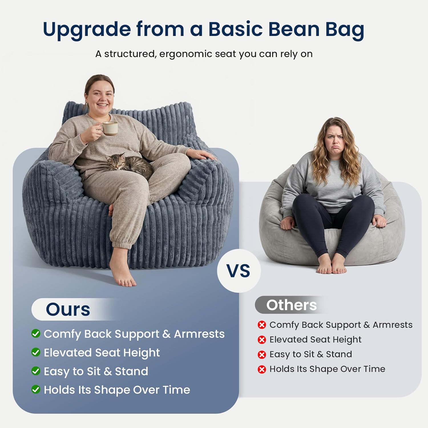 Giant Bean Bag Chair for Adults, Fluffy Supportive Boneless Lounge Sofa Chair, Superior Large Reading Floor Stuffed Sofa Bed, Oversized Accent Comfy Couch for Living Room, Bedroom, Study, Dorm (Grey)