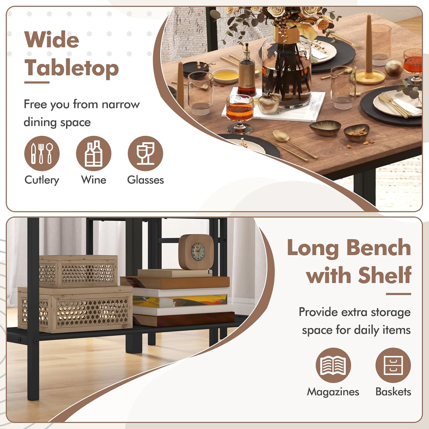 GOFLAME 4-Piece Dining Table Set for 4, Industrial Kitchen Table with 2 Chairs & Bench, Space Saving Breakfast Table Set with Storage Shelf and Metal Frame, Wooden Dinette for Dining Room, Walnut