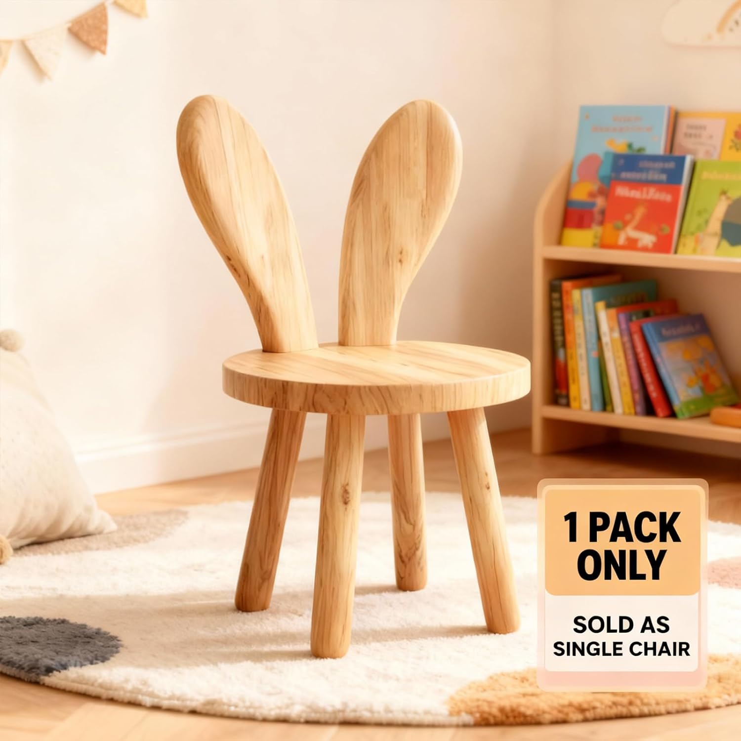 Bunny Chair for Ages 1.5-4 - Small Toddler Wooden Chair with 9.25" Seat Height, Solid Wood Rabbit Stool for Nursery, Playroom & Low Tables, Mini Kids Furniture - 1 Pack