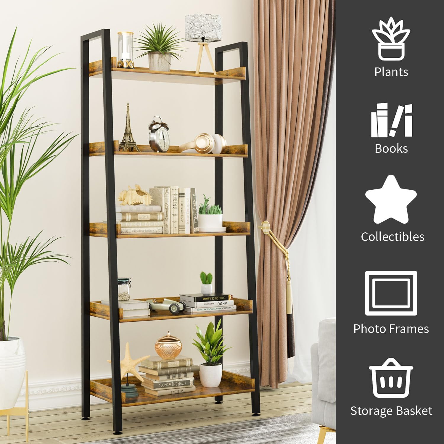 ASTARTH 5-Tier Ladder Shelf, 67" Tall Open Wooden Bookshelf with Metal Frame for Living Room, Rustic Brown
