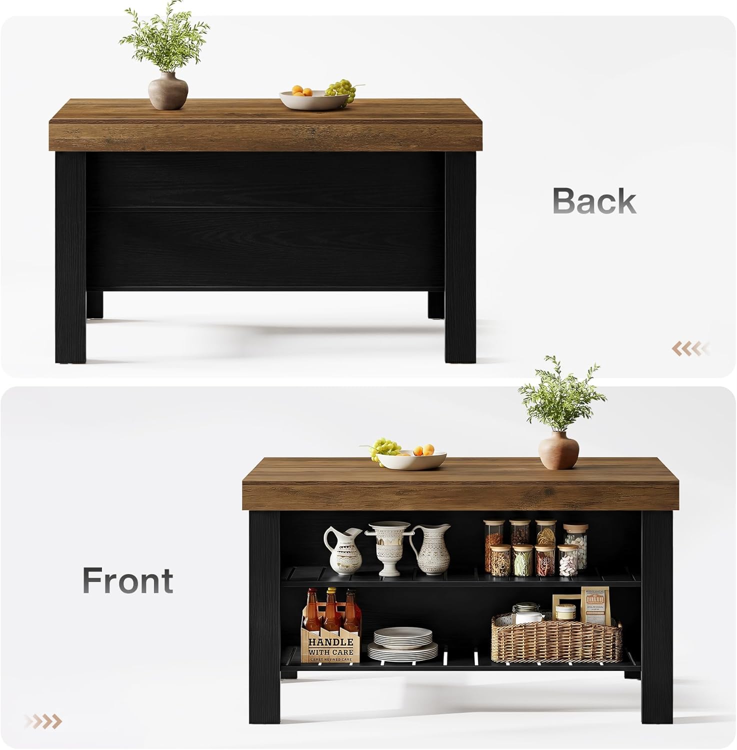 Tribesigns Kitchen Island with Storage and Seating, Farmhouse Large Stationary Wood Island Table for Kitchen Dining Room (Black and Brown)