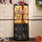JKsmart Corner Bar Cabinet with LED Lights, 5-Tier Industrial Wine Bar Cabinet with Glass Holder, Farmhouse Liquor Cabinets with Shelf and Door, Home Bar for Coffee Bars, Black