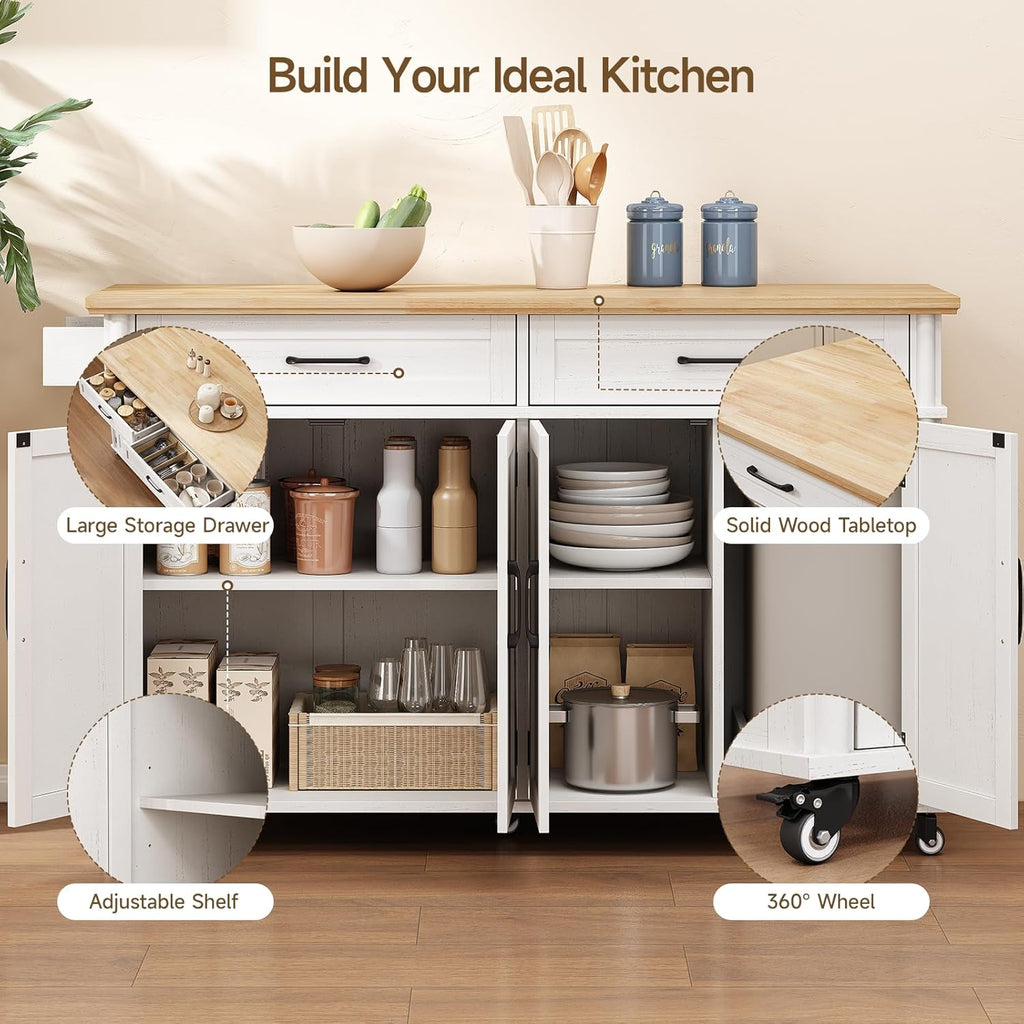 ONBRILL 55'' Kitchen Island with Storage and Solid Rubberwood Top, Kitchen Storage Island on Wheels with 2 Drawers, Rolling Island Table with Adjustable Shelves for Dining Room& Kitchen, Off White