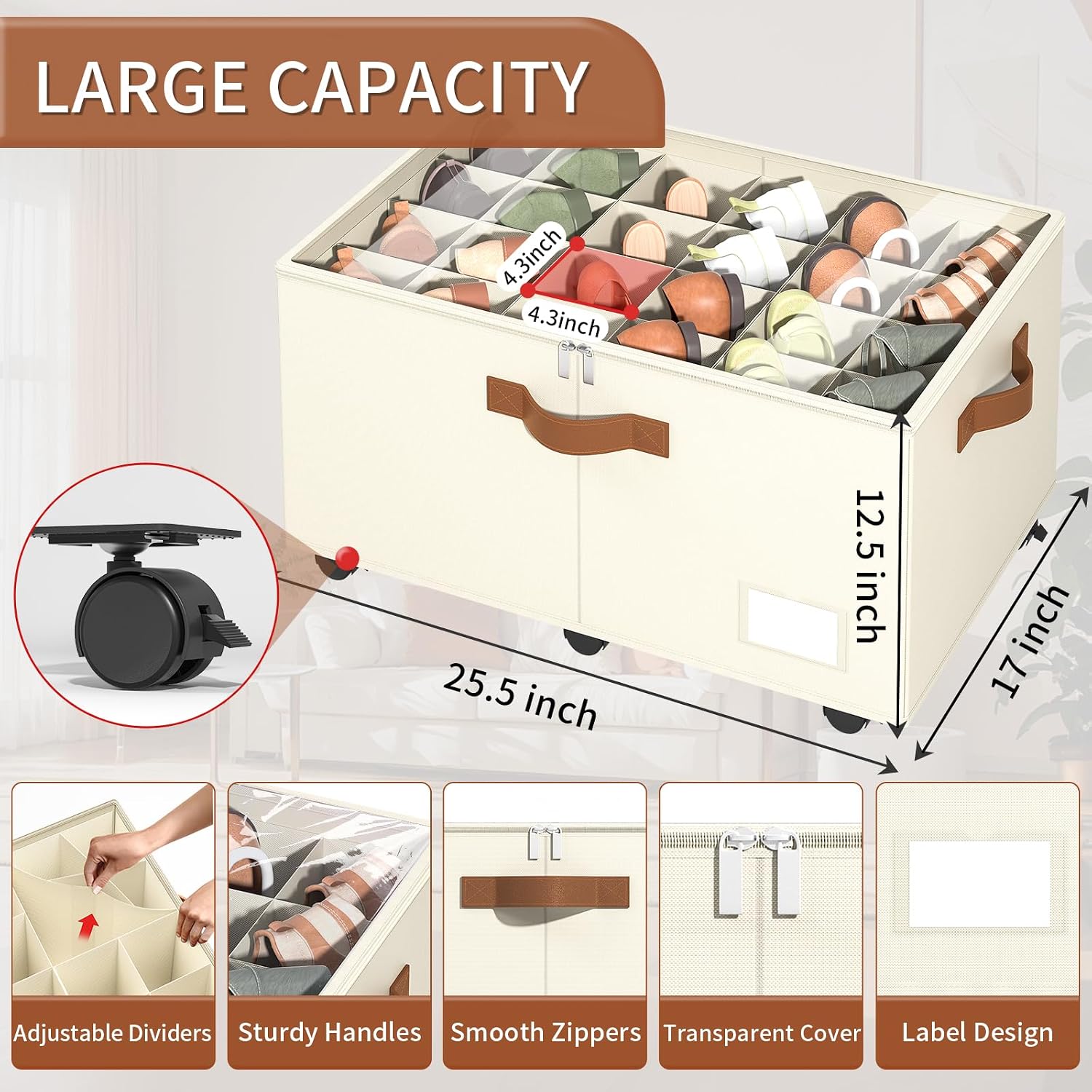 Shoe Organizer for Closet, 2 Pack Shoe Storage Organizer with Wheels and Adjustable Dividers, Stackable Shoe Storage Box with Clear Cover, Foldable Closet Shoe Organizer Fits up to 24-48 Pairs, Beige