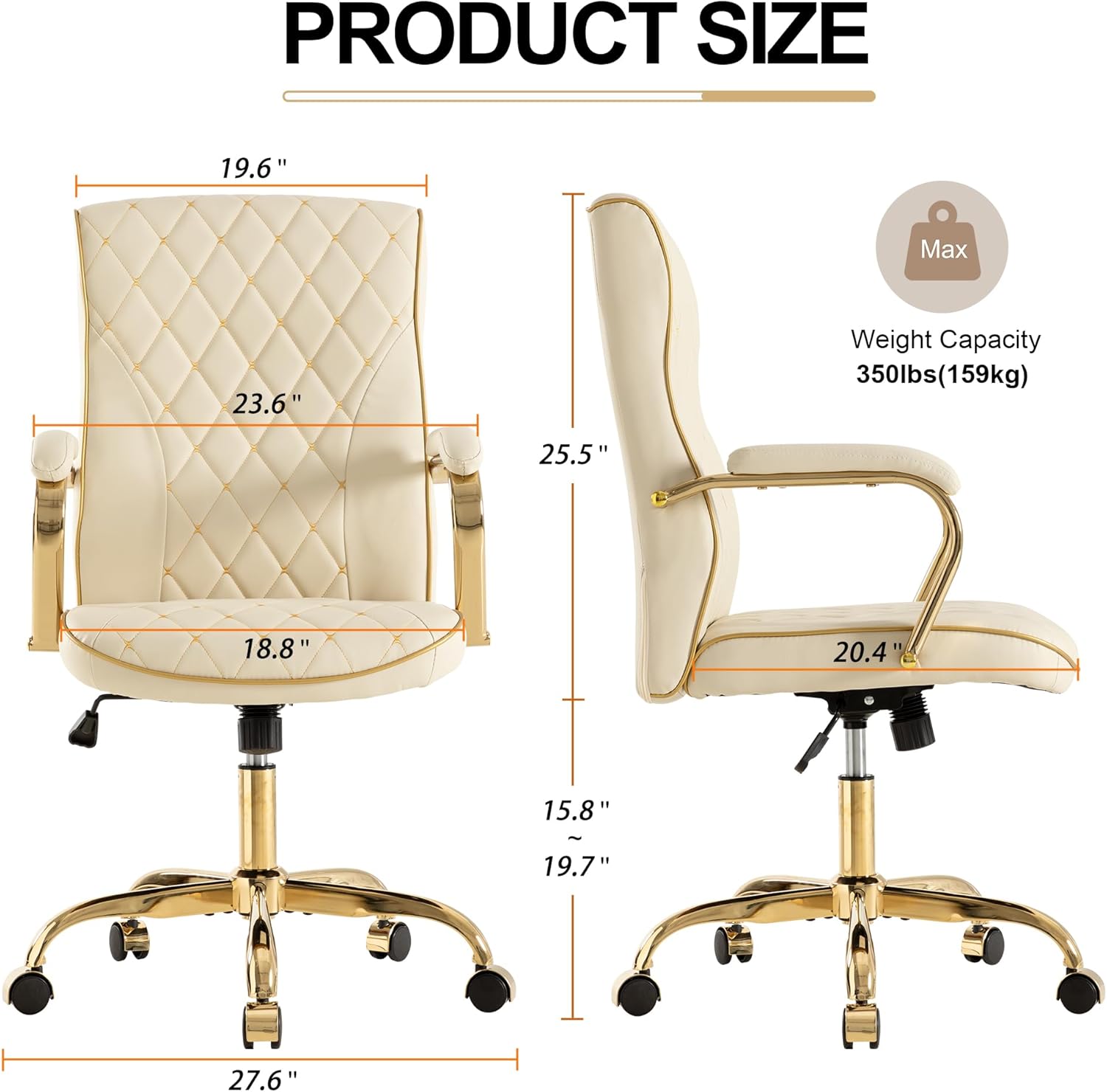 Beige and Gold Office Desk Chair,Conference Room Chairs,Mid Back Vintage Executive Leather Chair,Ergonomic Computer Swivel Chair with Rocking Function and Padded Arms,Adjustable Height