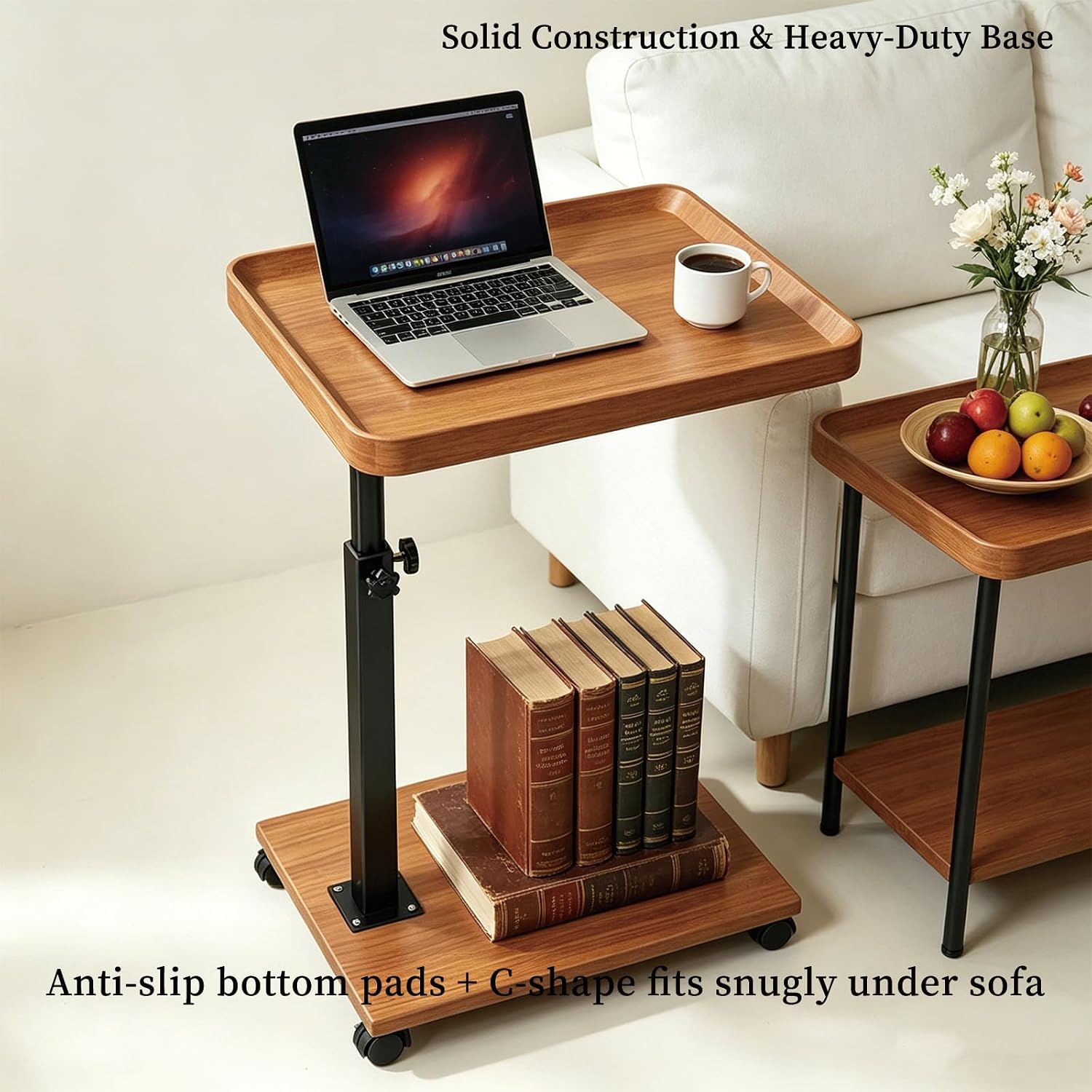 Adjustable Height Side Table with Wheels, 360° Swivel End Table for Small Spaces, 16x12 Inch Waterproof TV Tray for Living Room, Bedroom, Couch, Bedside（Light Walnut）