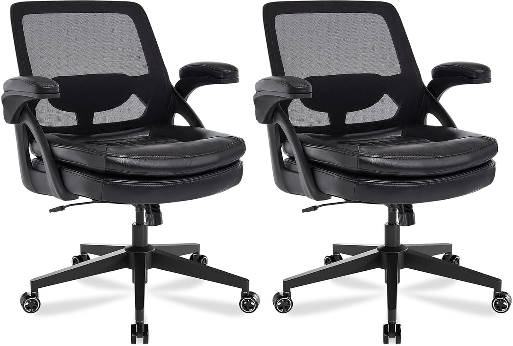 Big and Tall Office Chair, 500lbs Mesh Heavy Duty Ergonomic Desk Chair with Flip-up Armrests, Plus Size Wide Seat in PU Leather, 360 Swivel Computer Executive Task Chair for Home Office (Black)