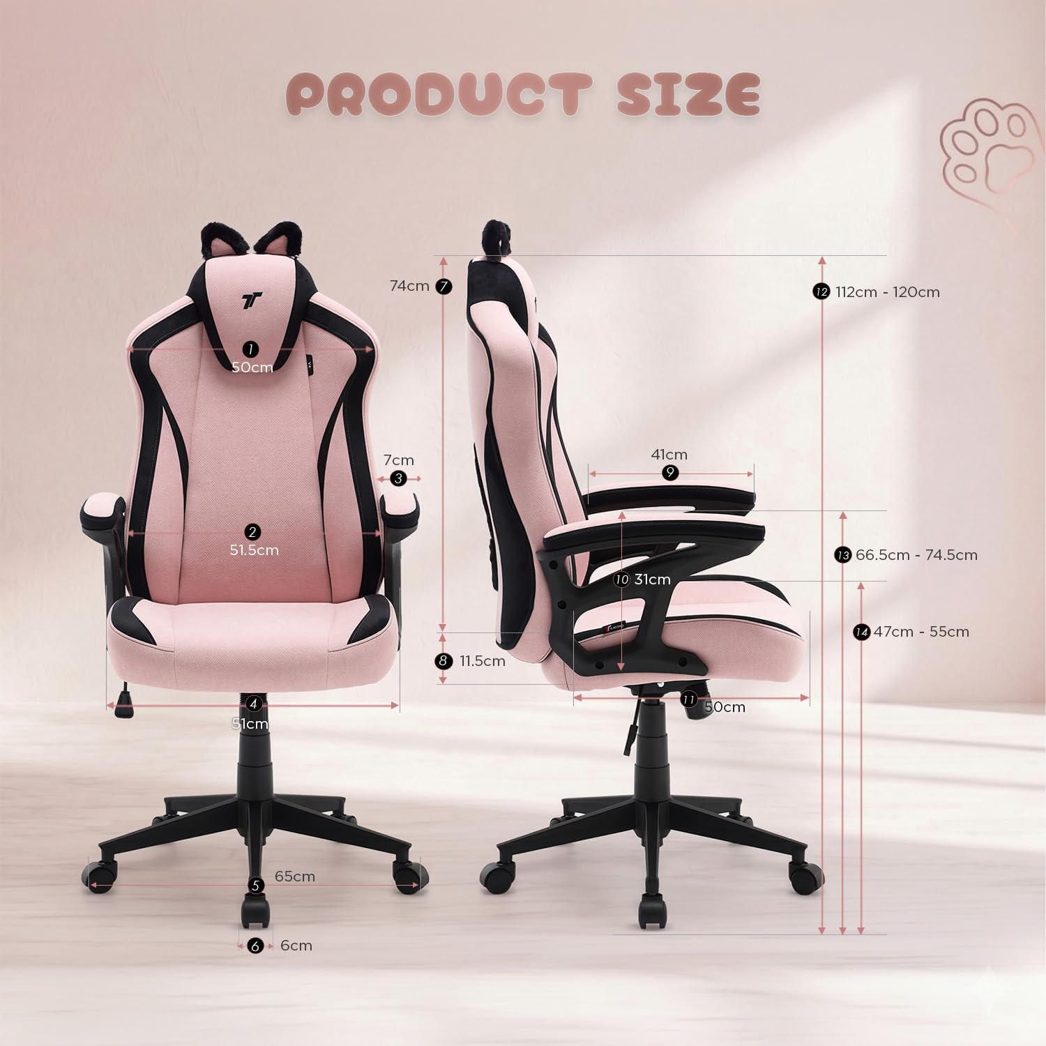 TTRACING Duo V4 Pink Gaming Chair with Wearable Cat Ears, Ergonomic Home Office Computer Desk Chair, Breathable Air Threads Fabric and Faux Leather, 135° Recline, 280lb Capacity, Kitty Puff