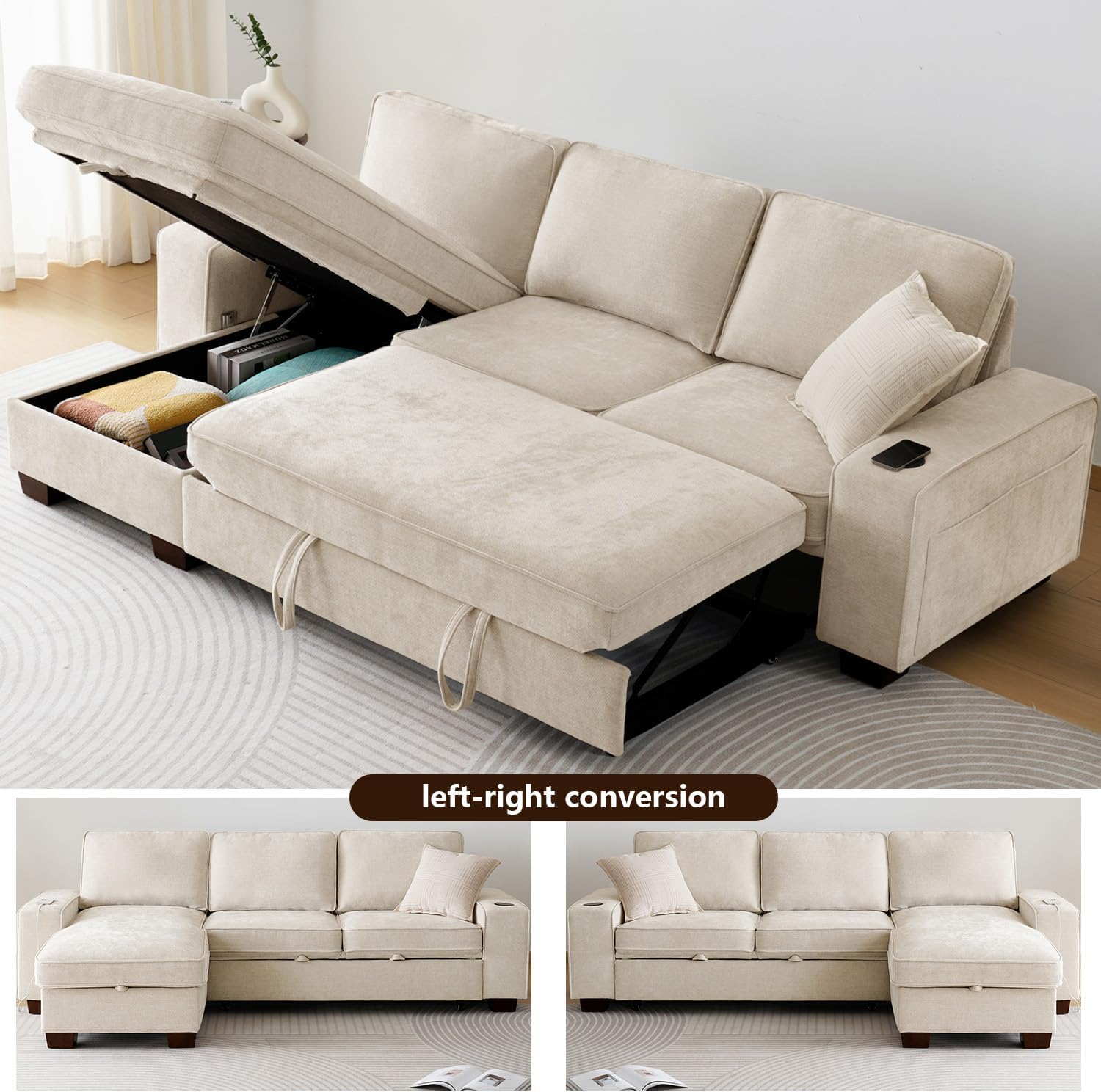 99" Convertible Sleeper Sofa Bed,L Shaped with Storage Chaise Pull Out Couch for Living Room,USB and Type-C,Removable Washable Chenille Covers (Beige)