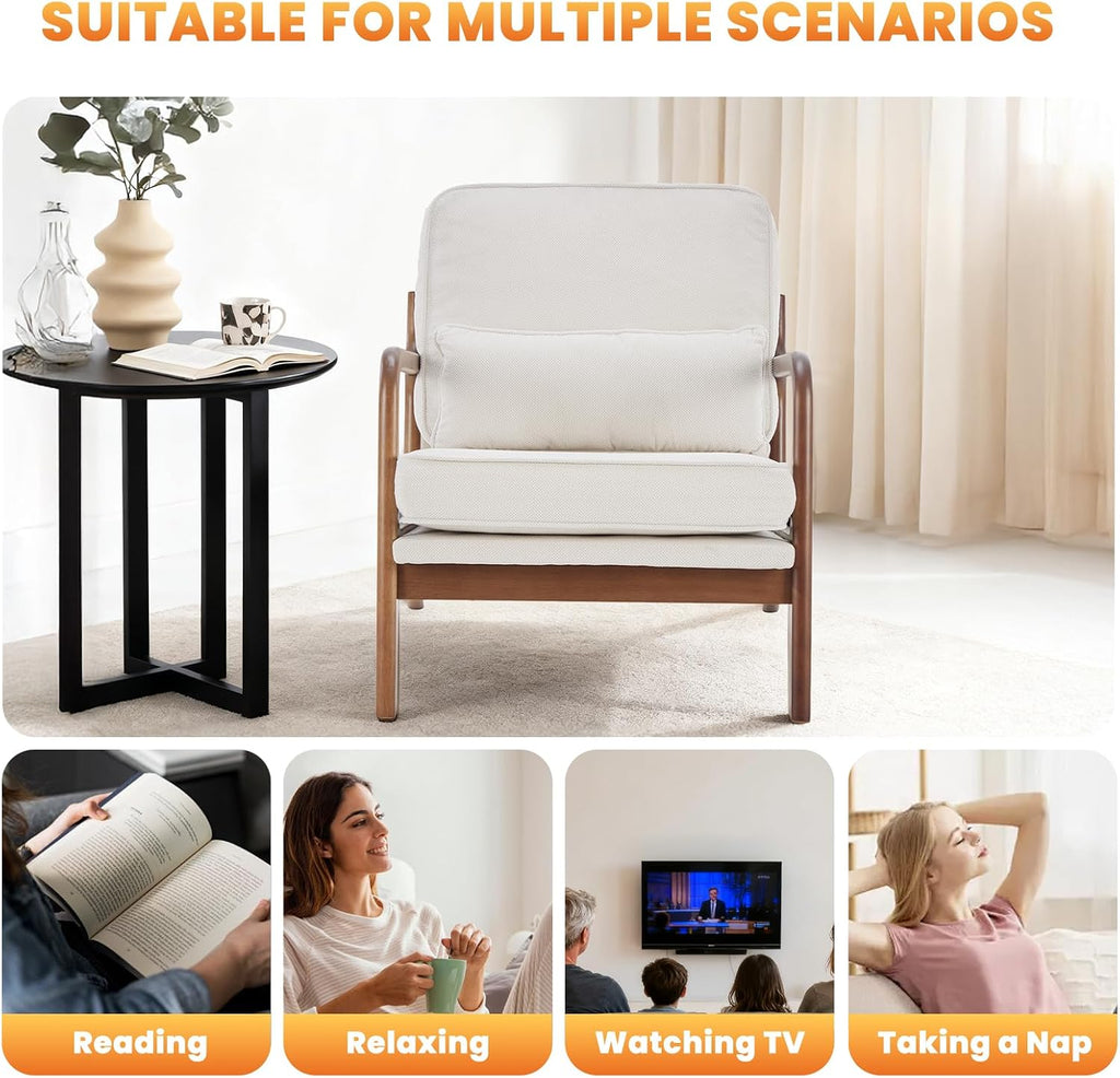DUMOS Mid Century Modern Accent Chair, 16'' Seat Height Cozy Lounge Chair | Upholstered Armchair with Waist Cushion and Wood Frame for Living Room, Bedroom, Reading Nook, Home Corner, Balcony, Beige