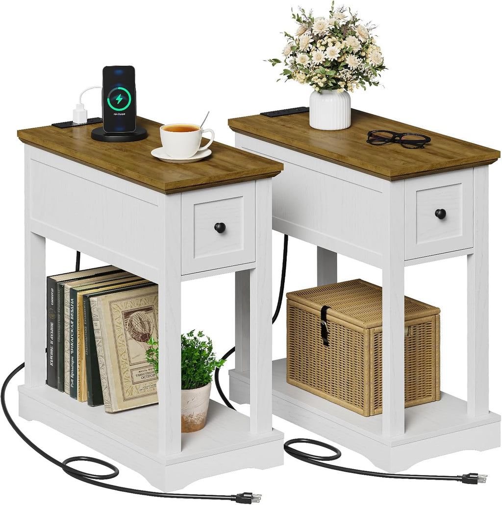 Side Table Set of 2, Side Table with Storage, Farmhouse End Table, Thicken Base, Nightstand with Charging Station, for Living Room, Bedroom, Rustic Brown and White