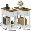 Side Table Set of 2, Side Table with Storage, Farmhouse End Table, Thicken Base, Nightstand with Charging Station, for Living Room, Bedroom, Rustic Brown and White