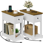 Side Table Set of 2, Side Table with Storage, Farmhouse End Table, Thicken Base, Nightstand with Charging Station, for Living Room, Bedroom, Rustic Brown and White