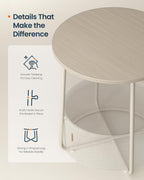 SONGMICS HOME Small Side Table, Round End Table, 2 Tier Nightstand with Basket, U Shaped Steel Legs, Easy Assembly, for Living Room, Bedroom, Beige and White
