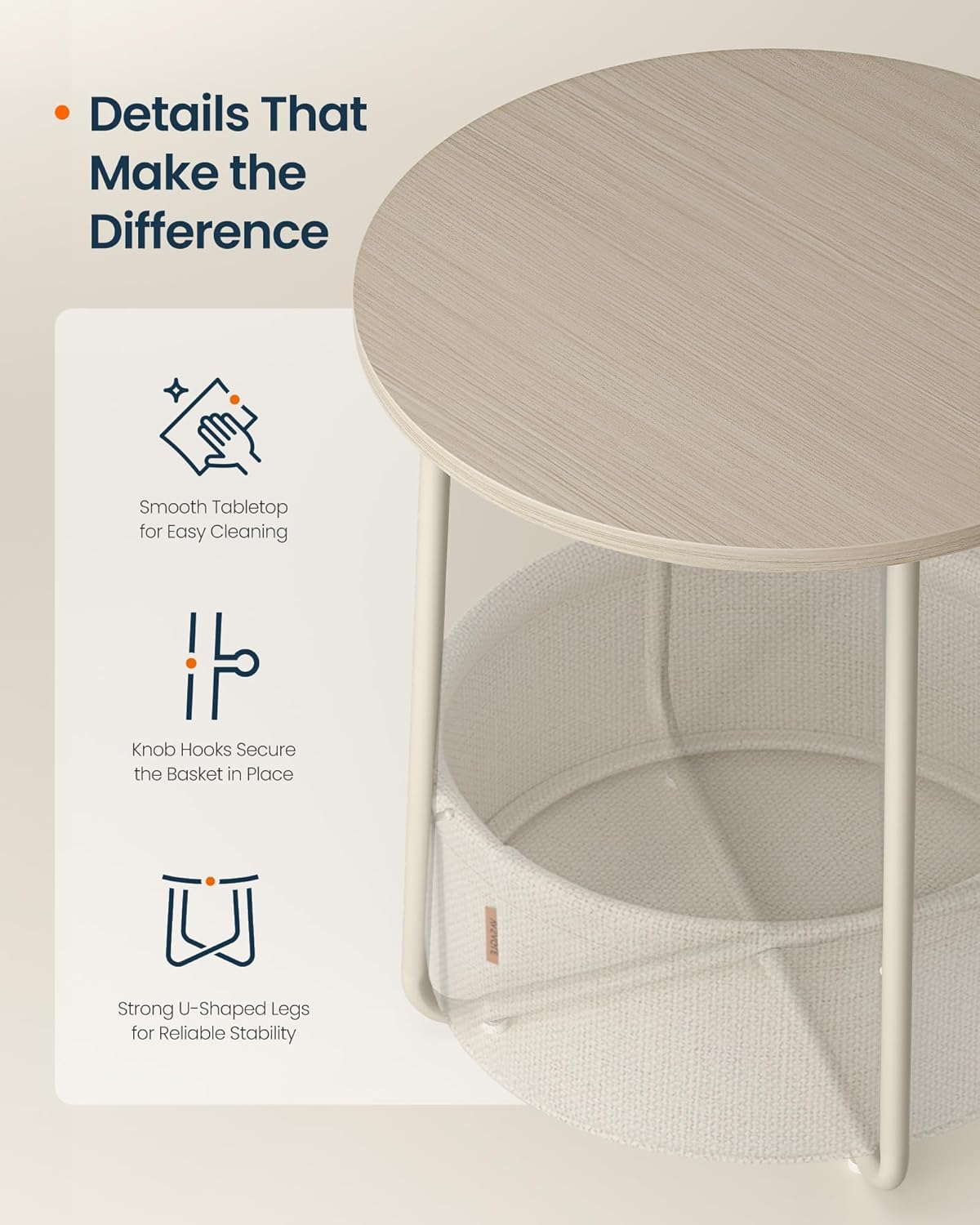 SONGMICS HOME Small Side Table, Round End Table, 2 Tier Nightstand with Basket, U Shaped Steel Legs, Easy Assembly, for Living Room, Bedroom, Beige and White
