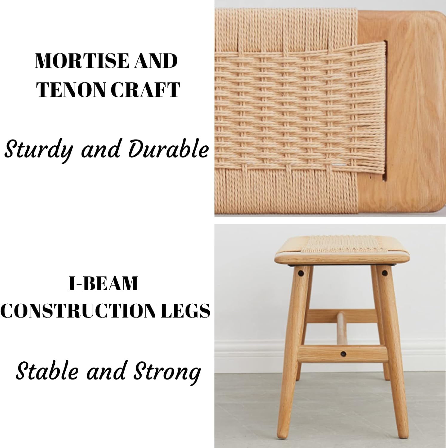 Rattan Wood Bench,100% Solid Oak Dining Bench with Woven Design, Sturdy Mortise Bench for Bench,Entryway,Dining,White/Beige Color (47.24inch Beige Color)