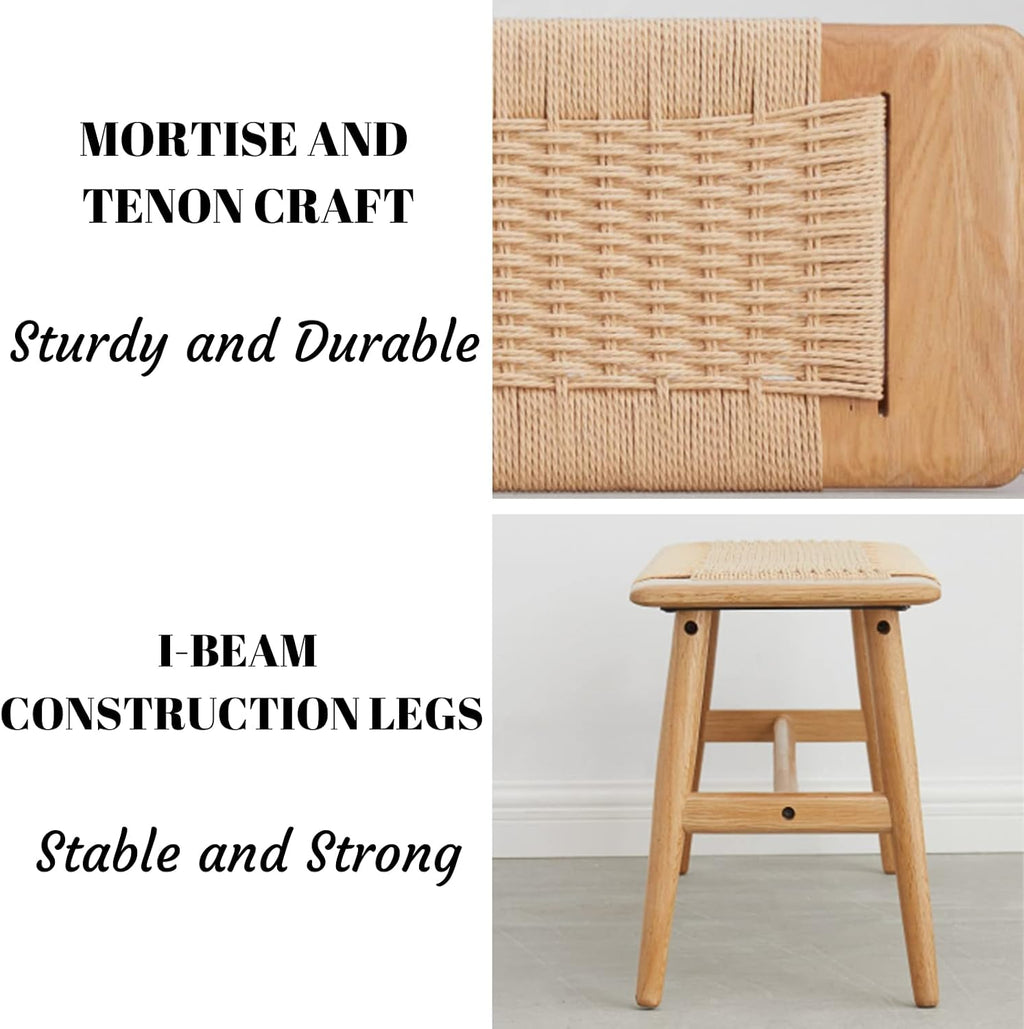 Wood Dining Bench,100% Natural Solid Oak with Rattan Design, Rounded Edge, Entryway Bench for Dining,Bedroom, Living Room (Beige Color, 31.49 inch)