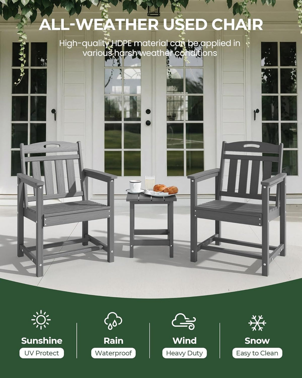 Patio Chairs Set of 2, HDPE Outdoor Dining Chairs with Wide Seat, All Weather Oversized Porch Chair for Garden, Backyard, Deck - Grey