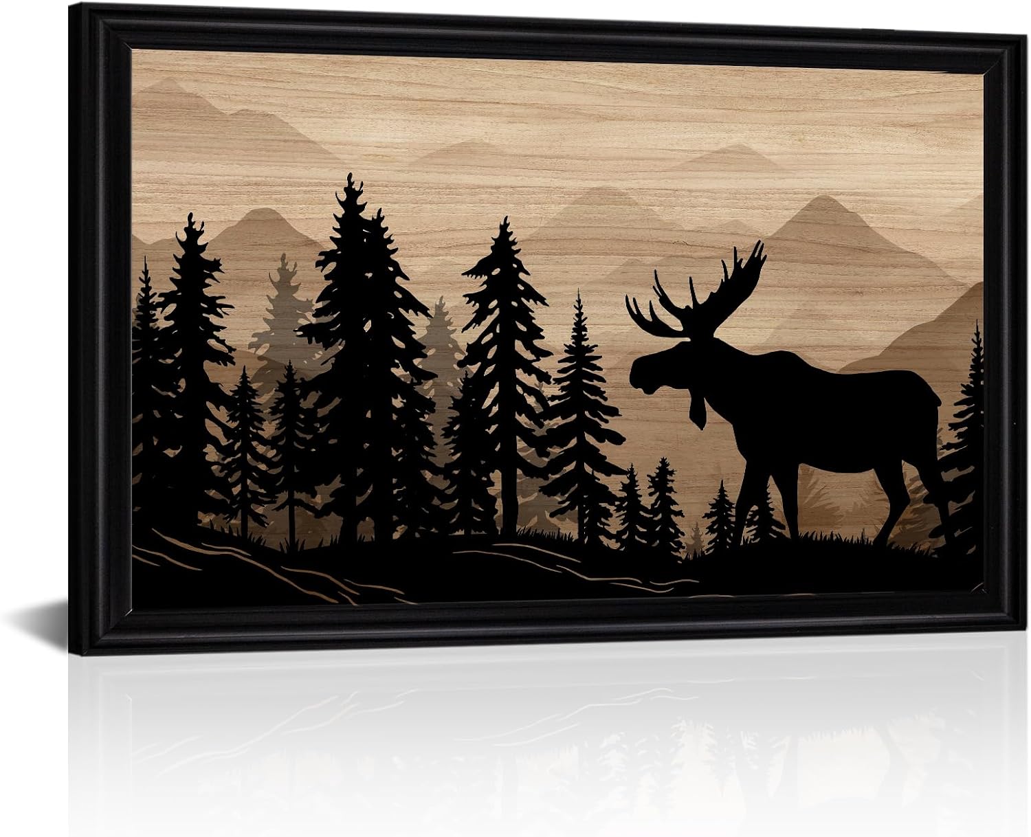 WELMECO Moose Wall Art Rustic Cabin Decor Farmhouse Bedroom Living Room Decoration, 16x24inch Forest Moose Painting Framed Canvas Art Print