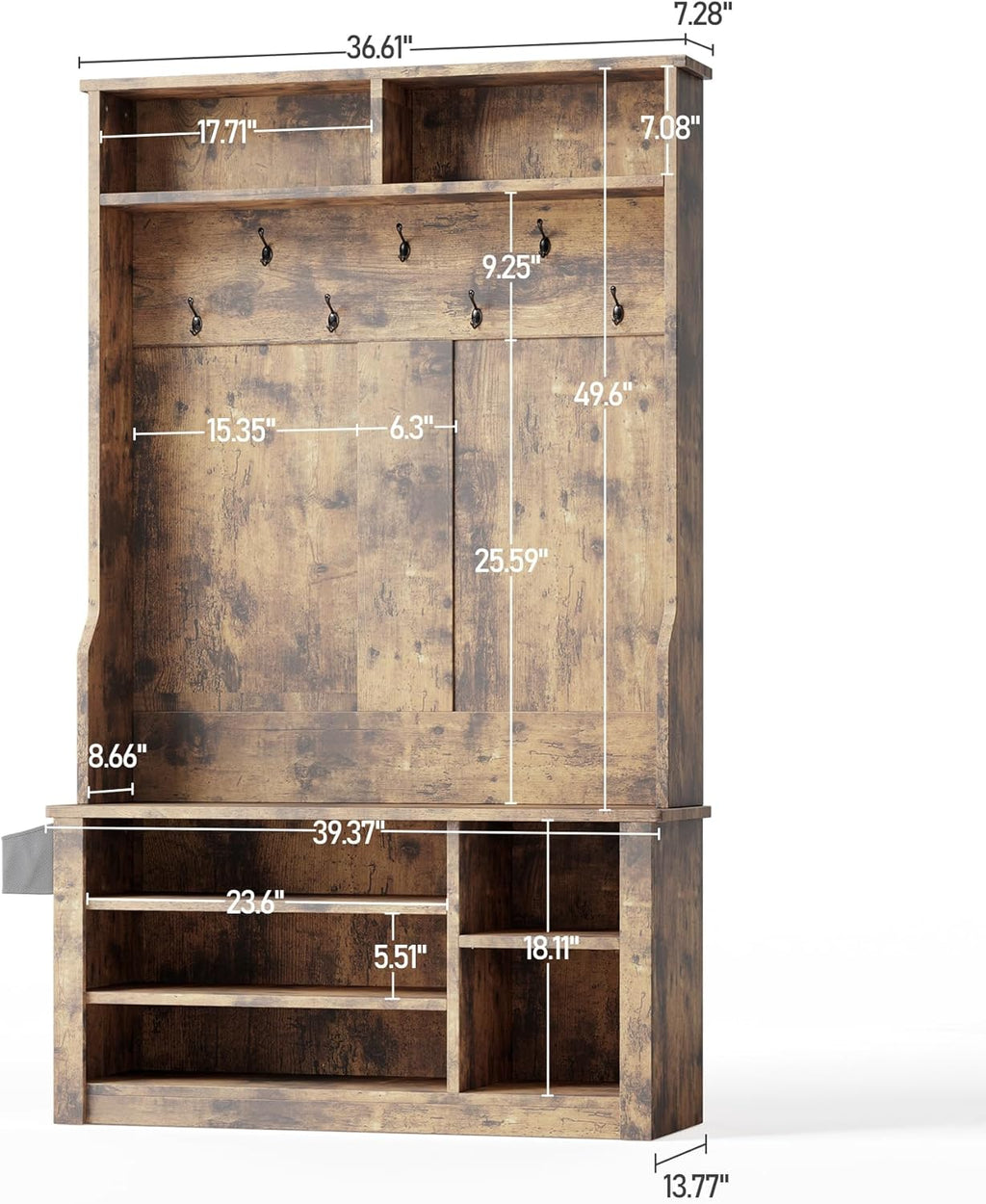 Aiho Entryway Hall Tree with Bench and Storage, 5-in-1 Hall Tree with Coat Rack, Adjustable Shoe Bench, 2-Tier top Storage, for Hallway, Entryway, Bedroom, Rustic Brown