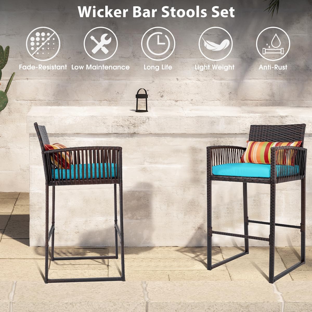 Sundale Outdoor Wicker Bar Stools Set of 4, Patio Counter Height Rattan Rope Stools with Back Rest, High Chair with Pillow & Cushion, All-Weather Armless Tall Pub Barstool (Brown & Blue, 4 Stools)