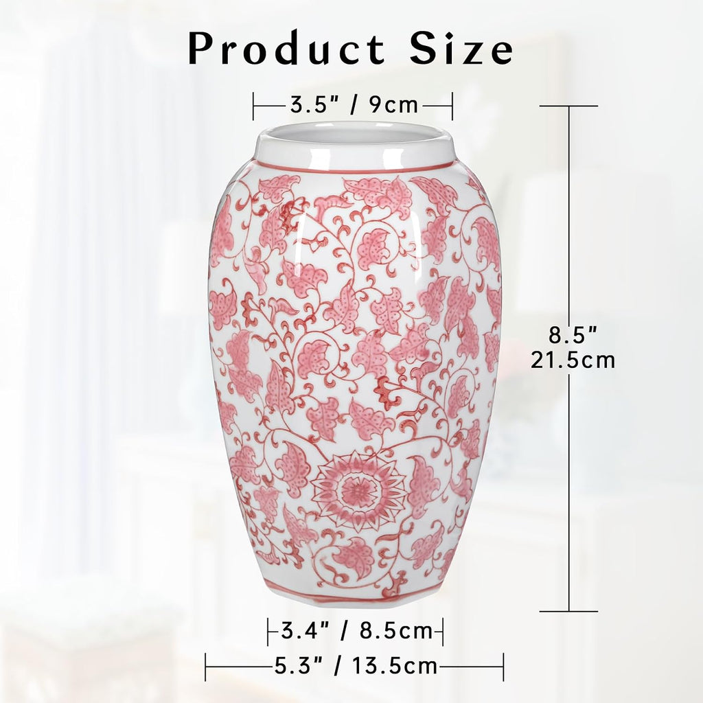 Pink Vase 8.5 Inch Traditional Chinoiserie Floral Vase Porcelain Ginger Jar Octagonal Vases Pink and White Porcelain Decor for Home, Living Room, Kitchen, Mantel, Shelf, Table