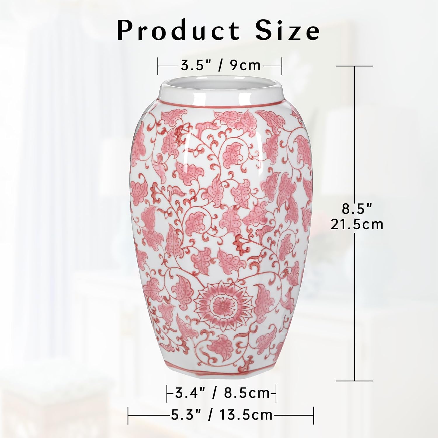 Pink Vase 8.5 Inch Traditional Chinoiserie Floral Vase Porcelain Ginger Jar Octagonal Vases Pink and White Porcelain Decor for Home, Living Room, Kitchen, Mantel, Shelf, Table